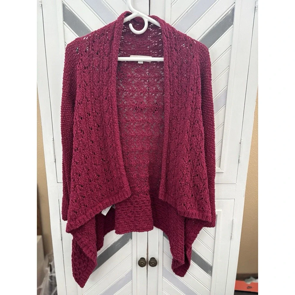 Ann Taylor‎ Loft Women's Medium Maroon Wine Chunkey Knit Long Open Cardigan